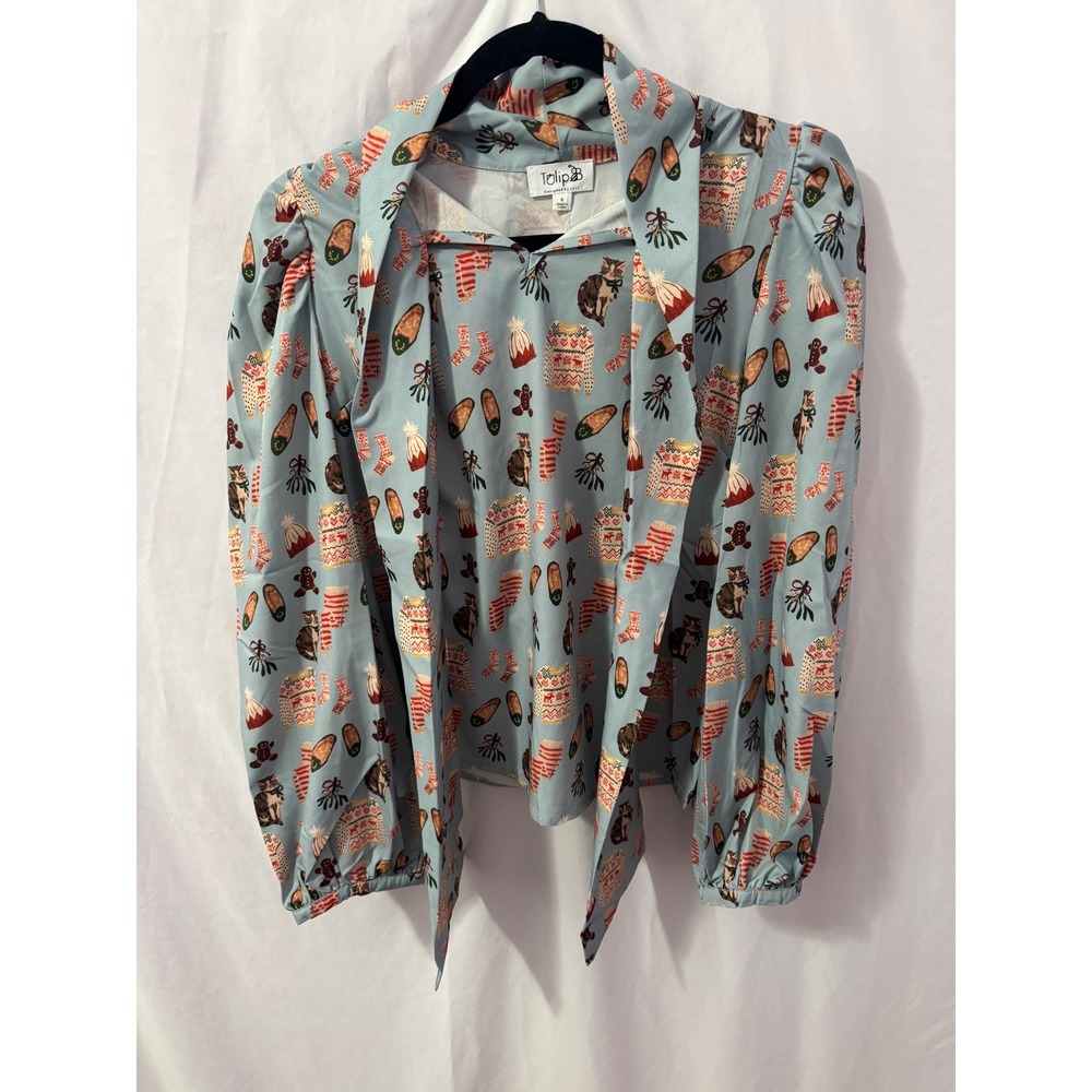 Tulip B Winter Print Bow Tie Neck Blouse Womens S Blue Holiday Novelty NWT